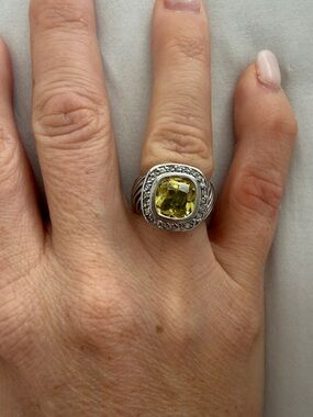 Silver Yellow Citrine Cushion Halo Ring size 6
